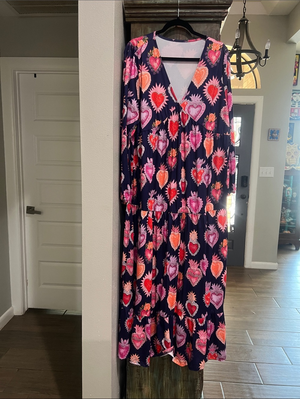 Navy Heart-Print V-Neck Maxi Dress